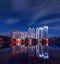 Residential complex `Valley Setun`, Housing Complex `Vorobyovy Gory` and Mosfilmovsky pond at night. District Ramenki