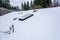 Residential house rooftop covered in fresh snow, skylight, power feeder line, roof vents, neighborhood with evergreen trees