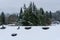 Residential house rooftop covered in snow, roof vents, neighborhood with evergreen trees
