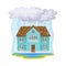 Residential House Undergoing Heavy Rain with Lightning and Thunder Vector Illustration