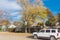 Residential houses with parked car near stop limit under colorful fall foliage tree Dallas, Texas, USA