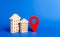 residential houses and red navigation pointer pin. location of residential buildings or work, city orientation