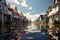 Residential houses reflected in the water of a canal with reflection in the water, 3D rendering of flooding houses, AI Generated