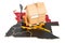 Residential moving service in Angola, concept. Hydraulic hand pallet truck with cardboard house parcel on Angolan map, 3D