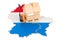 Residential moving service in Luxembourg, concept. Hydraulic hand pallet truck with cardboard house parcel on Luxembourgish map,