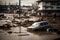 residential neighborhood with flooded streets and overturned cars after tsunami hits coastline