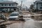 residential neighborhood with flooded streets and overturned cars after tsunami hits coastline