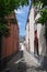 Residential neighborhood in small old town of la Palma in Canary Island. Pedestrian street in traditional typical spanish colonial