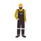 Residential plumber, drain or pipe cleaning service worker wearing overalls and hard hat. Smiling male cartoon character