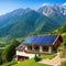 Residential rooftop solar panel systemagainst the stunning backdrop of a mountainous countryside
