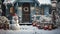 Residential snow-covered house decorated for Christmas