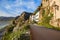 Residential street and the highway along the Danube river. The town of Duernstein in the Wachau valley, Lower Austria