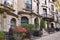 Residential street with ornate townhouses