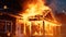 residential structure on fire in the middle of the night. The flames rage on, glowing and illuminating the surrounding a