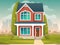 Residential two story cozy house. The property. Facade of a country building with a lawn and trees against the backdrop of the