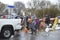 Residents fill a truck with sandbags