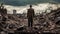 Resilience Amidst Chaos - Elegant man walking through WWII bombed city rubble - generative ai