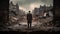 Resilience Amidst Chaos - Elegant man walking through WWII bombed city rubble - generative ai