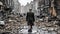 Resilience Amidst Chaos - Elegant man walking through WWII bombed city rubble - generative ai