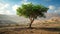 A resilient green tree stands amidst the desert, a symbol of life\\\'s endurance, Ai Generated