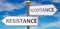 Resistance and acceptance as different choices in life - pictured as words Resistance, acceptance on road signs pointing at