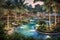 Resort-style pool surrounded by lush gardens