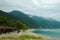 Resort town of Gagra, view of the mountains and the coast. Golden beaches of Gagra. Abkhazia