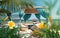 Resort tropical beach and plant exotic flowers blue tent relaxing sunshine holiday