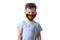 Respirator with flag of Portugal. White boy puts on medical face mask isolated on white background