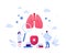 Respiratory system disease treatment and research concept. Vector flat medical illustration. Human lung, medicine capsule and