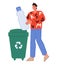 Responsible man sorts garbage for recycling and plastic wastes disposal.