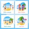 Rest and Active Time on Beach Cartoon Cards Set