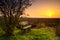 Rest place with bench at sunrise