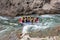 Rest and rafting on the mountain river on rafts, unforgettable impressions of the trip, jumping into the water from the bank of th