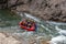 Rest and rafting on the mountain river on rafts, unforgettable impressions of the trip, jumping into the water from the bank of th