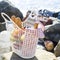 Rest by the sea with grapes, apples, pears, baguettes, wine and a basket on the coverlet