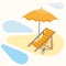 Rest on seashore. Deckchair, beach umbrella, bottle with drink. Vector illustration in flat style