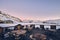 Restaurant balcony with a beautiful view of the French Alps at sunrise