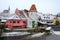 Restaurant on bank of Vltava River in historic center of Cesky Krumlov, Czech Republic