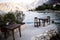 Restaurant on the beach with mountain on background