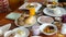 Restaurant Breakfast Concept, Food Dishes Table, Set of Various Luncheon Food