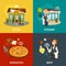 Restaurant or cafe concepts with waiter, pizza and vegetables, cartoon vector illustration