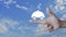Restaurant cloche flat icon on finger over blue sky with white clouds, Business food delivery online concept