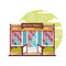 Restaurant concept. Flat design city public building with storefront and different interior design elements.