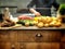 Restaurant counter with meat potatoes and zucchini before cooking