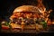 Restaurant favorite, mouthwatering burger grilled to perfection, flames accentuate