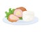 Restaurant food concept plate rice, organic leaf and chicken kiev cutlet with filling cheese vector illustration, icon