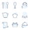 Restaurant food, Cooking hat and Coffee icons set. Food, Milk jug and Wineglass signs. Vector