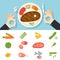 Restaurant Food Icons Meat Fish Vegetables Set Hands Cutlery Plate Fork and Knife oncept Symbol on Stylish Background