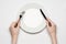 Restaurant and Food theme: the human hand show gesture on an empty white plate on a white background in studio isolated top view